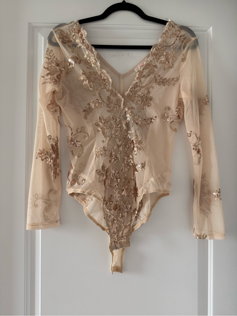Luxxel Nude Sheer Sequin Embroidered Long-Sleeve Bodysuit